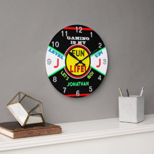 Spielspaß Zimmer Kinder Name Schwarz Blau Grün Große Wanduhr