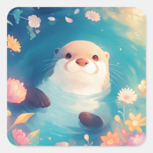Spielsüßer Otter-Aufkleber mit farbenfrohen Blumen Quadratischer Aufkleber