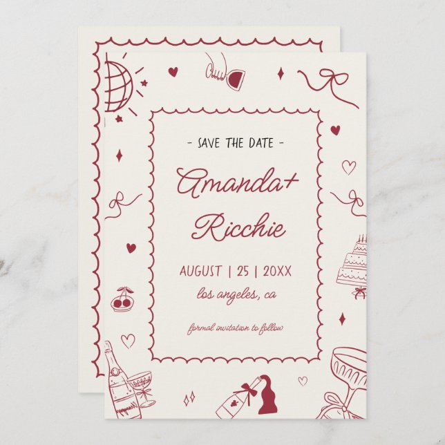 Spielvolle Retro Hand Drawn Whimsical Doodle Weddi Save The Date (Vorne/Hinten)