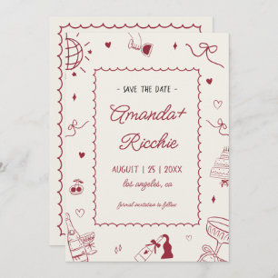 Spielvolle Retro Hand Drawn Whimsical Doodle Weddi Save The Date