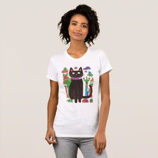 Spielvolle schwarze Katze mit farbenfrohen Abstrak T-Shirt