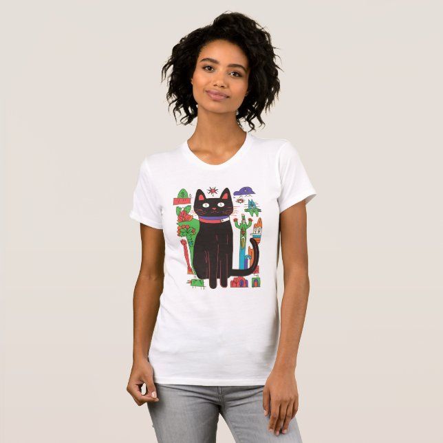 Spielvolle schwarze Katze mit farbenfrohen Abstrak T-Shirt (Vorne ganz)