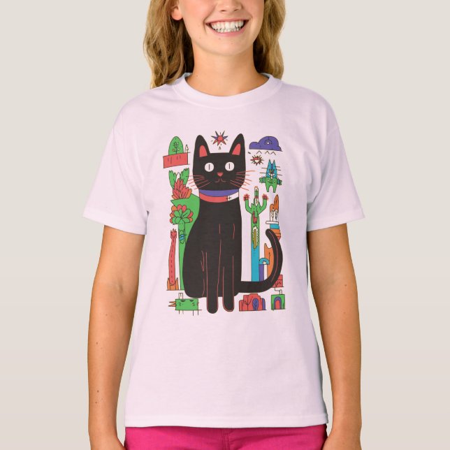 Spielvolle schwarze Katze mit farbenfrohen Abstrak T-Shirt (Vorderseite)