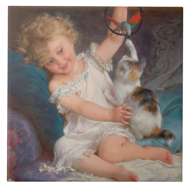 Spielzeit: Mädchen spielen mit ihrem Pet Kitten Fliese (Vorderseite)