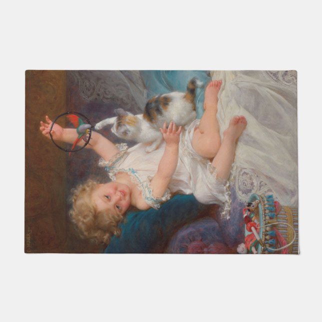 Spielzeit: Mädchen spielen mit ihrem Pet Kitten Fußmatte (Vorderseite)