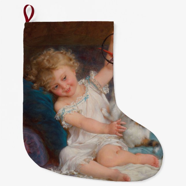 Spielzeit: Mädchen spielen mit ihrem Pet Kitten Großer Weihnachtsstrumpf (Vorderseite)