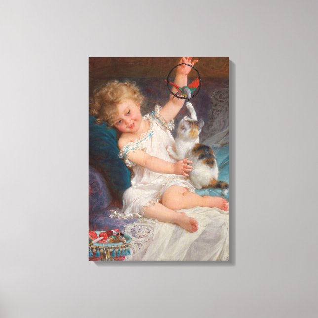 Spielzeit: Mädchen spielen mit ihrem Pet Kitten Leinwanddruck (Vorderseite)