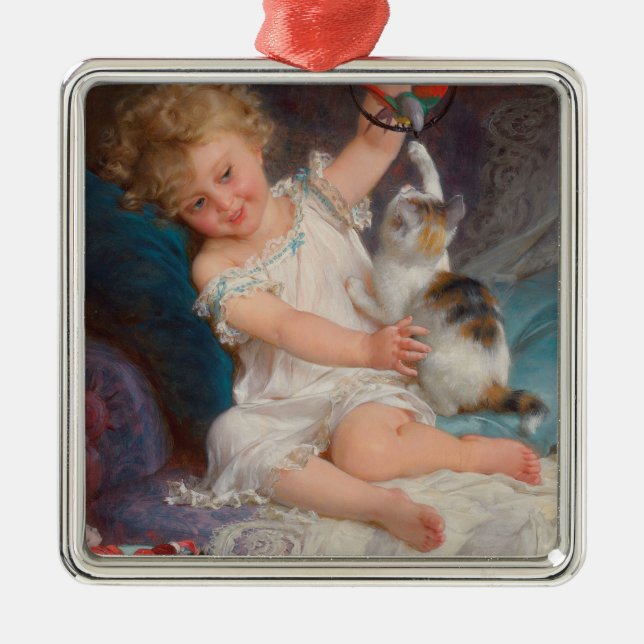 Spielzeit: Mädchen spielen mit ihrem Pet Kitten Ornament Aus Metall (Vorne)