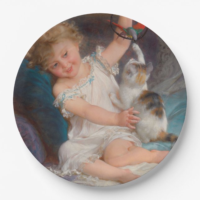 Spielzeit: Mädchen spielen mit ihrem Pet Kitten Pappteller (Vorderseite)