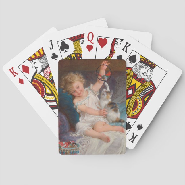 Spielzeit: Mädchen spielen mit ihrem Pet Kitten Spielkarten (Rückseite)