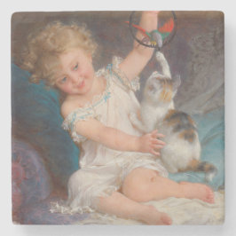 Spielzeit: Mädchen spielen mit ihrem Pet Kitten Steinuntersetzer