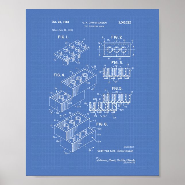 Spielzeug Gebäude Brick 1961 Patentart - Blueprint Poster (Vorne)