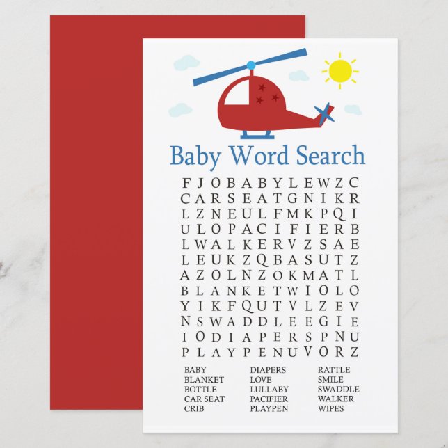 Spielzeug Hubschrauber Baby Shower Word Search Gam (Vorne/Hinten)