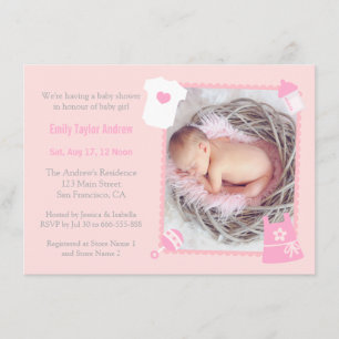 Spielzeug und Flasche Foto Baby Mädchen Babyparty- Einladung