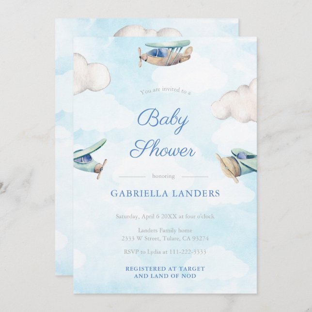 Spielzeugflugzeug-Reise Baby-Dusche Sprinkle für J Einladung (Vorne/Hinten)