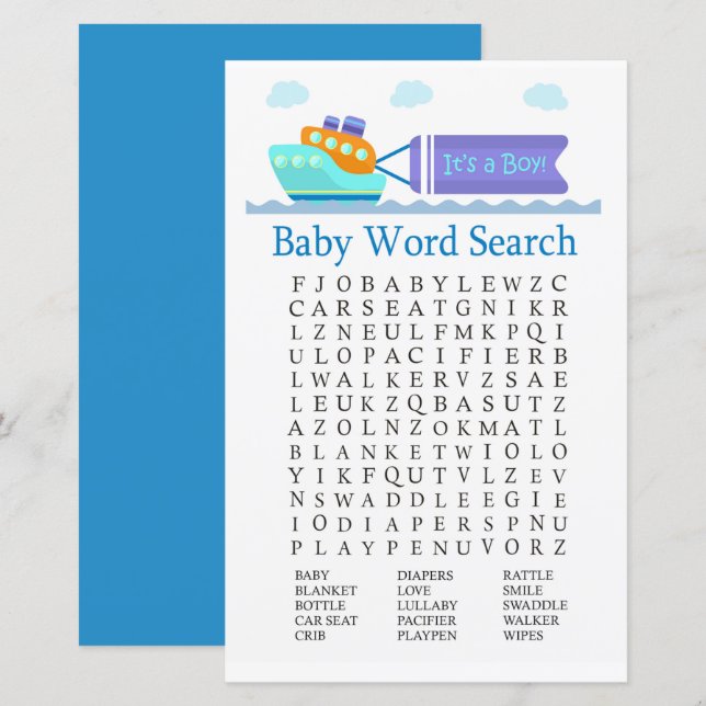 Spielzeugschiff Baby Shower Word Search Game (Vorne/Hinten)