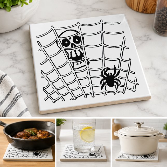 Spinne im Netz mit Totenkopf Halloween Kachel (Spider in Web with Skull Halloween Tile)