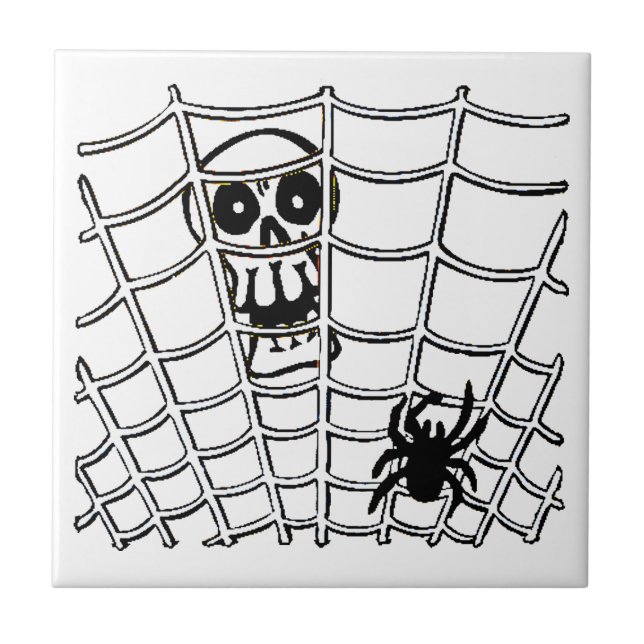 Spinne im Web mit Skull Halloween Tile Fliese (Vorderseite)