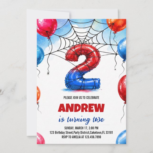 Spinne Superheld Web Ballons Junge Geburtstag Einladung (Vorderseite)