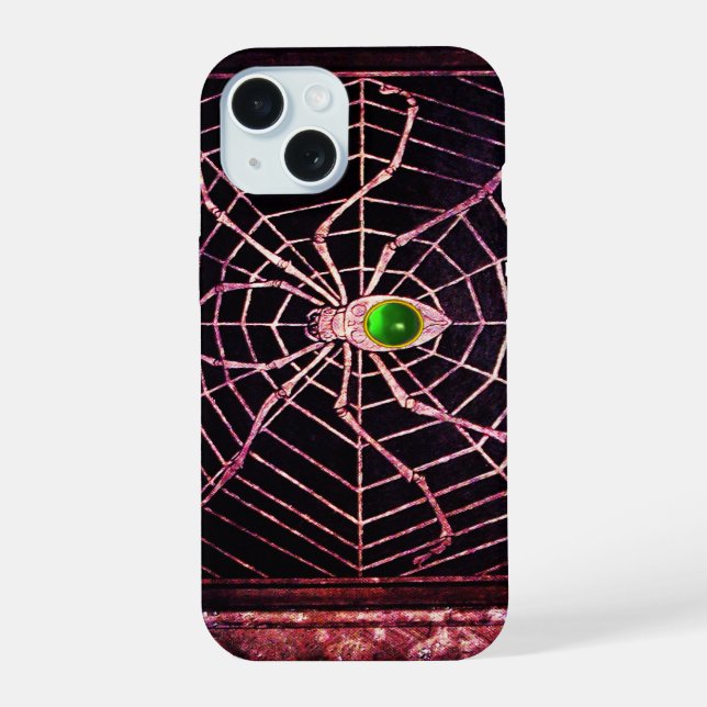 SPINNE UND NETZ Grüne Smaragd-Edelstein Schwarz iPhone 15 Hülle (Rückseite)