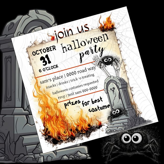 Spinnen | GRABSTEIN | HALLOWEEN-PARTY Einladung (Cute spider and tombstone Halloween party invitations you customize. )