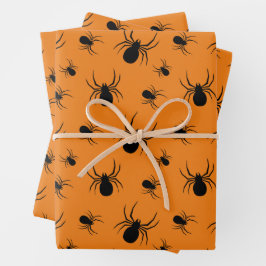 Spinnen Halloween Muster Schwarz und Orange Geschenkpapier Set