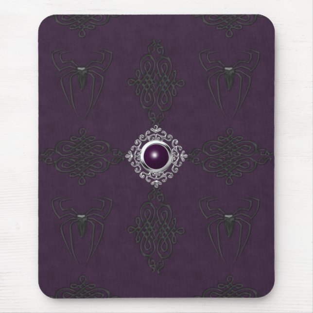 Spinnen u. lila u. silberner gotischer Edelstein Mousepad (Vorne)