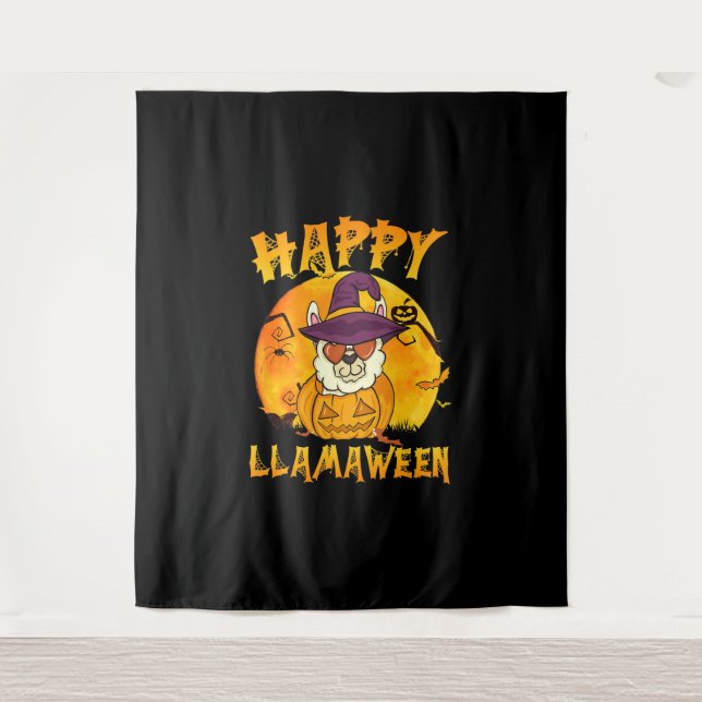 Spinnengeschenk | Happy Llamaween Llama Hexe Spide Wandteppich (Vorderseite)