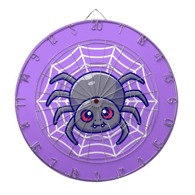 Spinnennetz Dart Board Dartscheibe (A playful animated spider spins in its web on a vibrant purple background. )