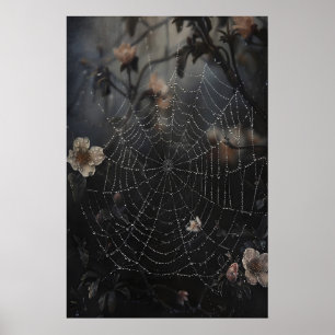 Spinnennetz mit Tau im dunklen Walddruck, Blüte Poster