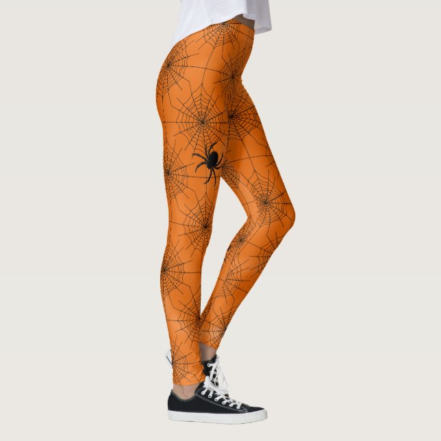 Spinnennetze mit Spinnen auf Orange Halloween Leggings (Rechts)