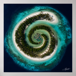 Spiral-Atoll mit schwimmendem Dorf in Satellitenan Poster