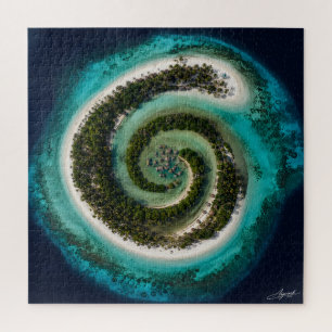 Spiral-Atoll mit schwimmendem Dorf Satellitenansic Puzzle