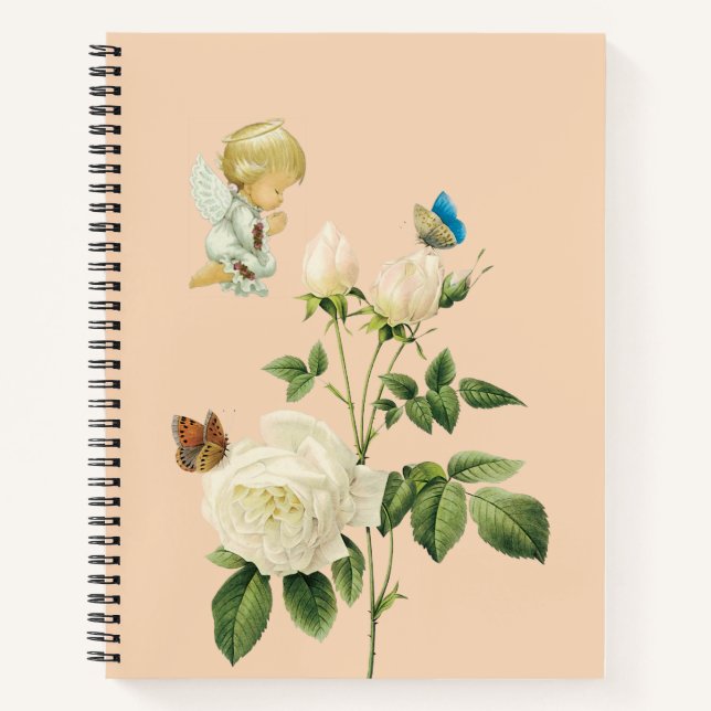Spiral Notebook Beige Angel Floral Butterfly Notizbuch (Vorderseite)