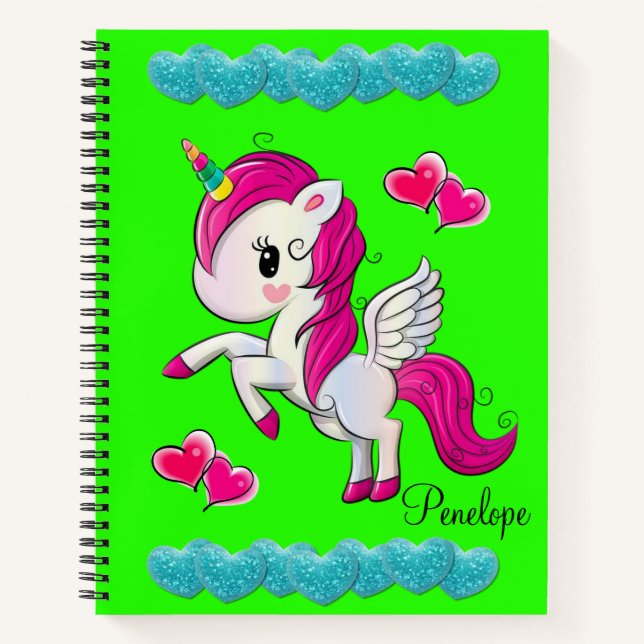 Spiral Notebook Blue Hearts Unicorn Green Notizbuch (Vorderseite)
