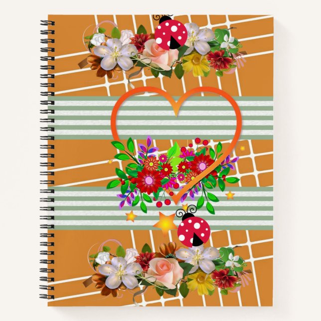 Spiral Notebook Ladybug Orange Heart Floral Notizbuch (Vorderseite)