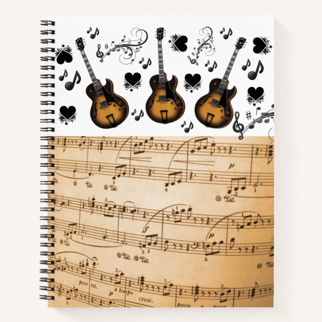 Spiral Notebook Musiknoten Gitarre Schwarze Herzen Notizbuch (Vorderseite)