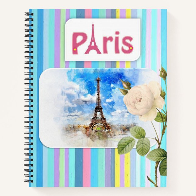 Spiral Notebook Paris Frankreich Stripe Floral Notizbuch (Vorderseite)