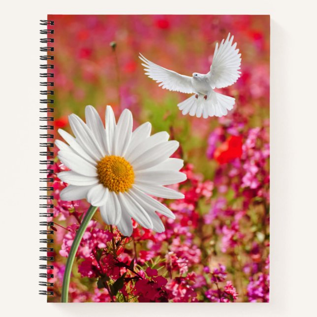 Spiral Notebook Pink Floral White Dove Daisy Notizbuch (Vorderseite)