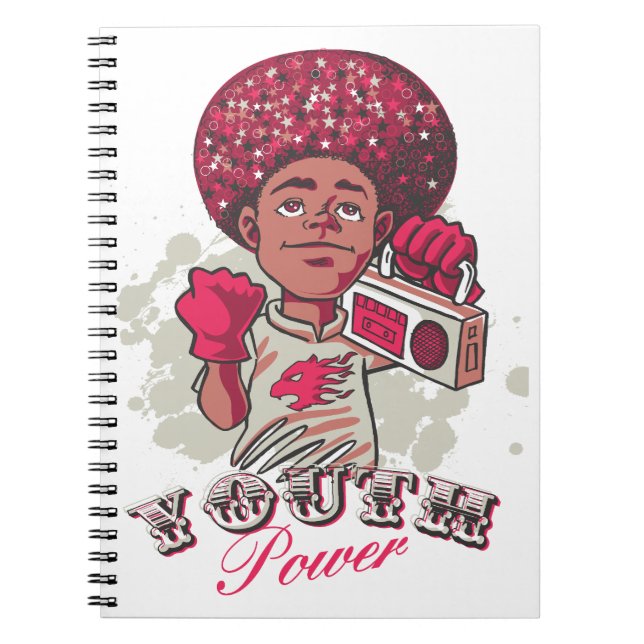 Spiral Photo Notebook – YOUTH Power Afro & Boombox Notizblock (Vorderseite)