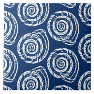 Spiral Seashell Block Print, Cobalt Blue und White Fliese