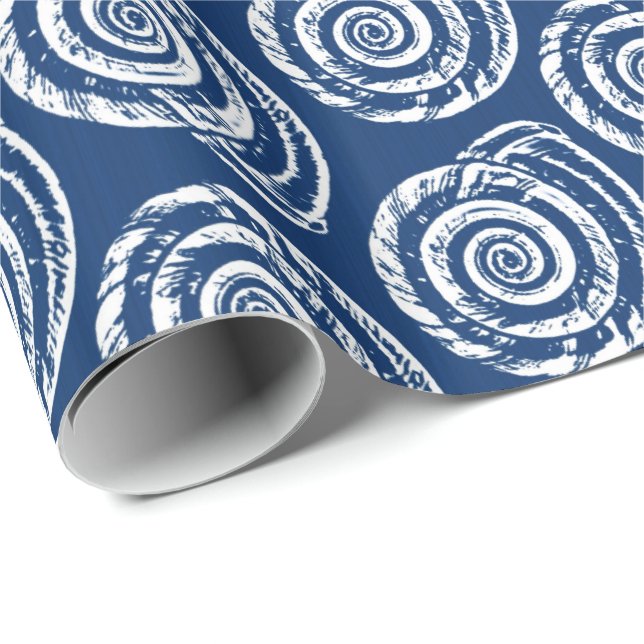 Spiral Seashell Block Print, Cobalt Blue und White Geschenkpapier (Rolleneckpunkt)