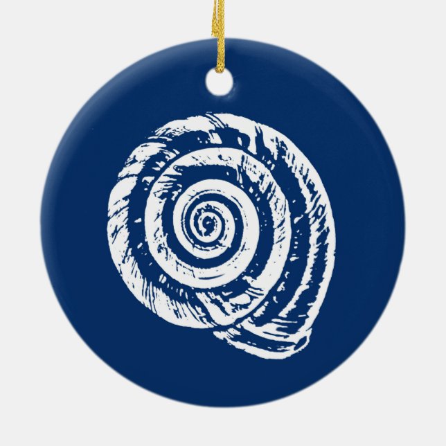 Spiral Seashell Block Print, Cobalt Blue und White Keramik Ornament (Hinten)
