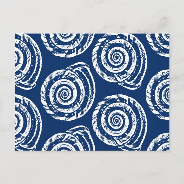 Spiral Seashell Block Print, Cobalt Blue und White Postkarte (Vorderseite)