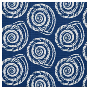 Spiral Seashell Block Print, Cobalt Blue und White Stoff