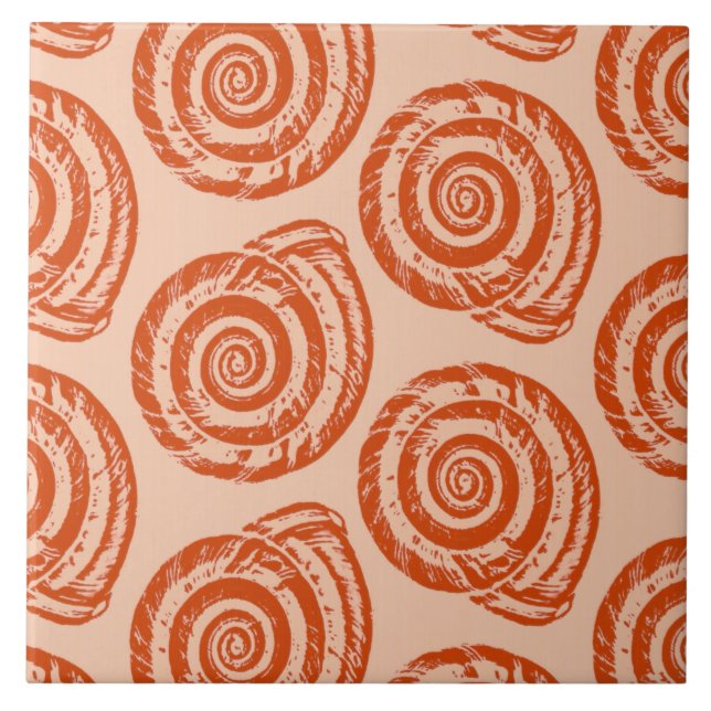Spiral Seashell Block Print, Coral Orange Fliese (Vorderseite)