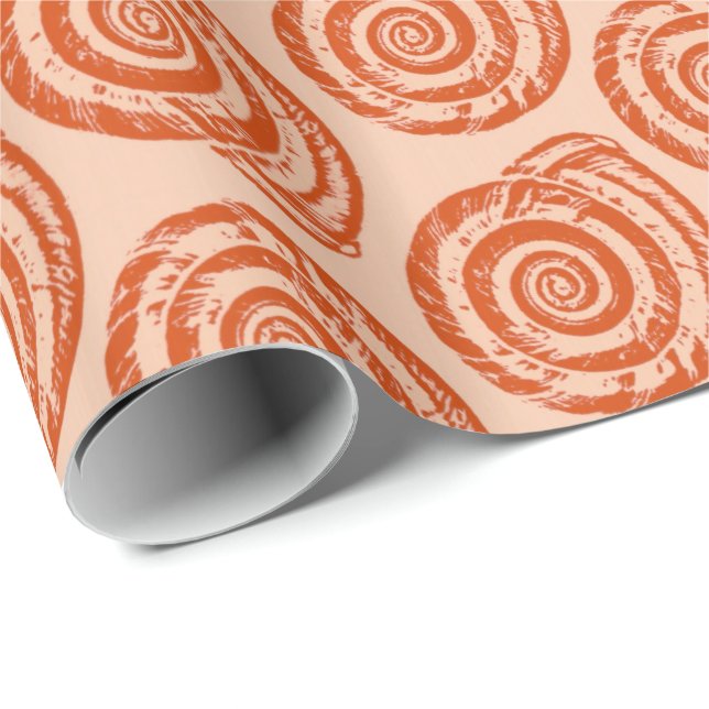 Spiral Seashell Block Print, Coral Orange Geschenkpapier (Rolleneckpunkt)