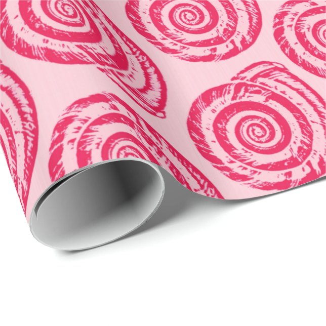 Spiral Seashell Block Print, Coral Pink & Fuchsia Geschenkpapier (Rolleneckpunkt)