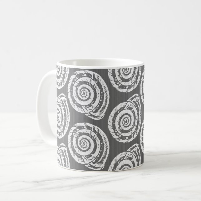 Spiral Seashell Block Print, grau und weiß Kaffeetasse (Vorderseite Links)