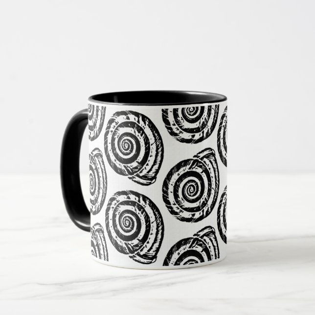 Spiral Seashell Block Print, Schwarz/Weiß Tasse (Vorderseite Links)